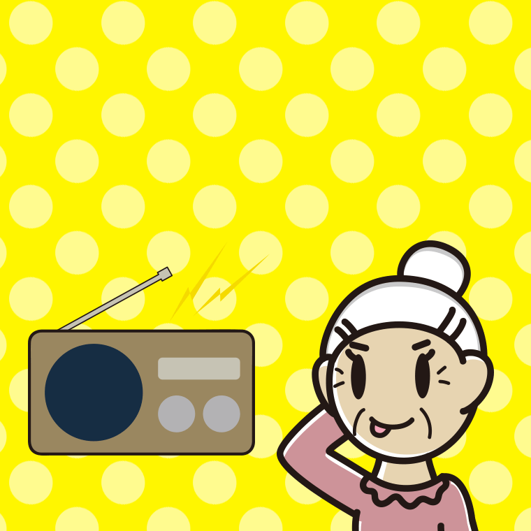 ラジオを聴いてテヘヘなおばあさんのイラスト【色、背景あり】PNG