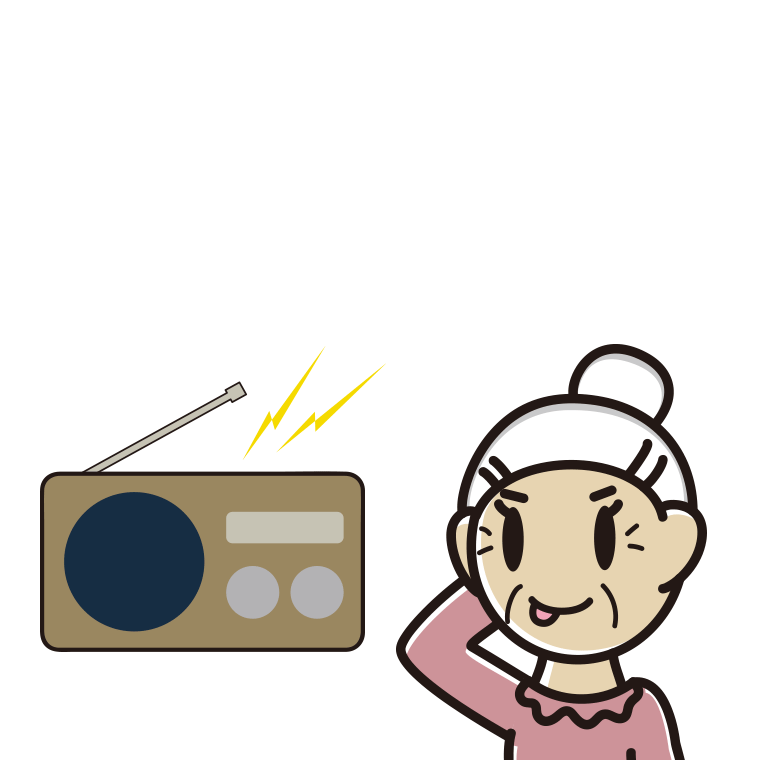 ラジオを聴いてテヘヘなおばあさんのイラスト【色あり、背景なし】透過PNG
