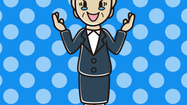 うれし泣きしながら話す年配女性会社員のイラスト【色、背景あり】PNG