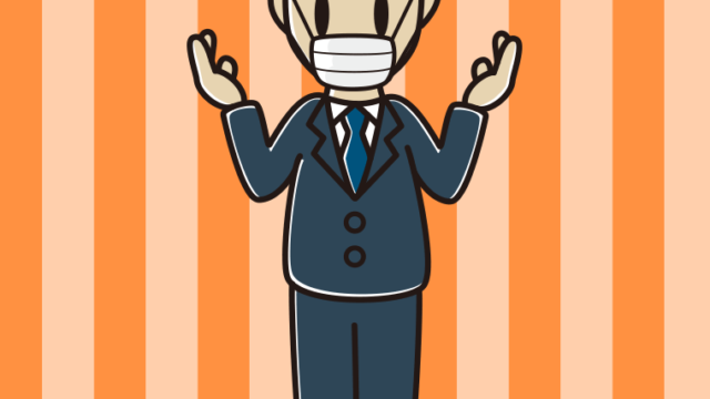 マスクをして話す男性会社員のイラスト【色、背景あり】PNG