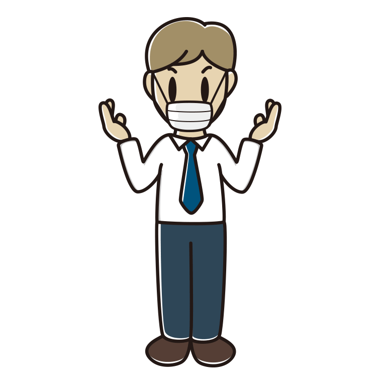 マスクをして話す男性会社員（ワイシャツ）のイラスト【色あり、背景なし】透過PNG