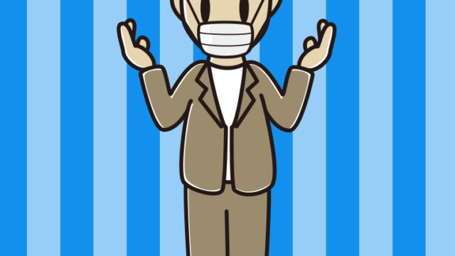 マスクをして話す男性会社員（カジュアル）のイラスト【色、背景あり】PNG