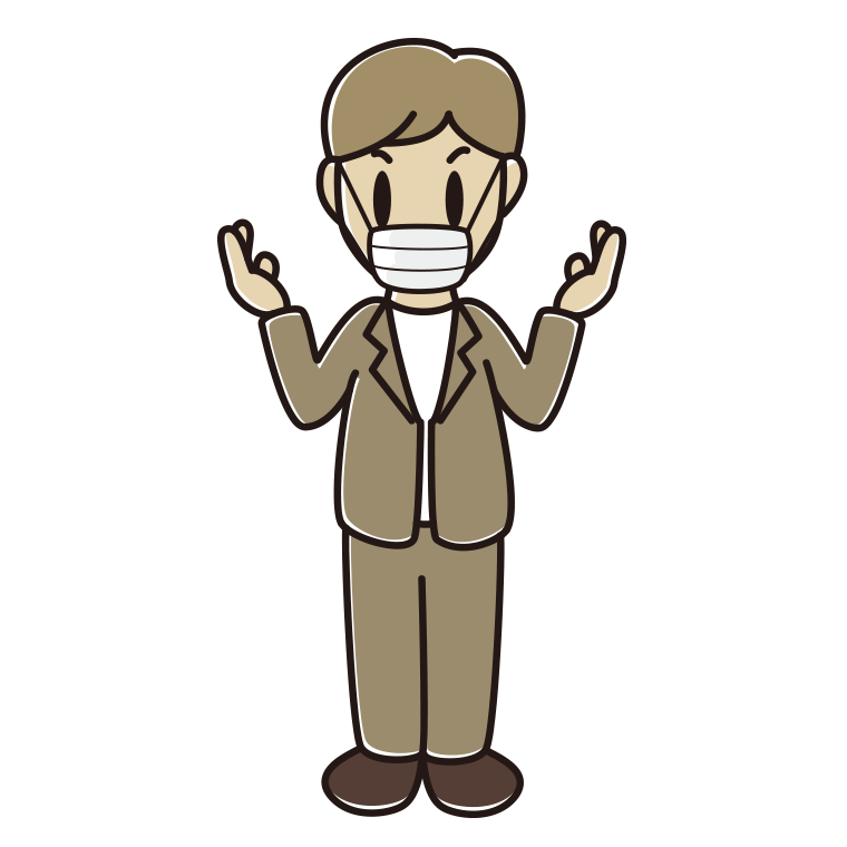 マスクをして話す男性会社員（カジュアル）のイラスト【色あり、背景なし】透過PNG
