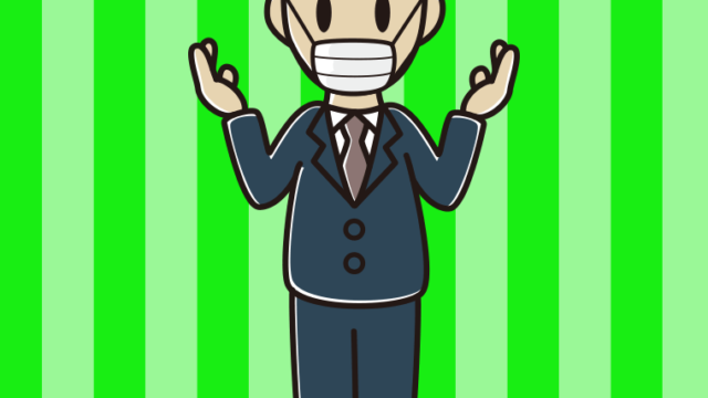 マスクをして話す年配男性会社員のイラスト【色、背景あり】PNG