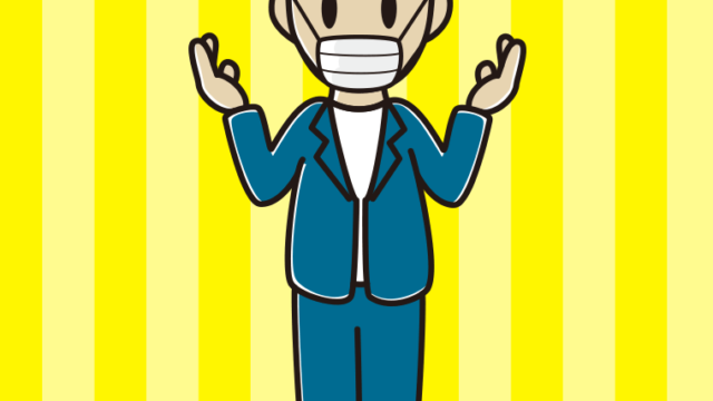 マスクをして話す年配男性会社員（カジュアル）のイラスト【色、背景あり】PNG