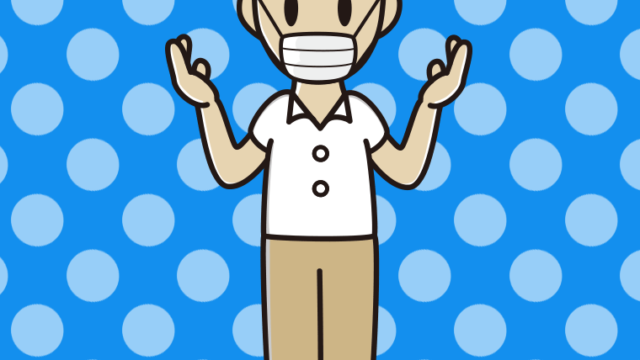 マスクをして話す年配男性会社員（クールビズ）のイラスト【色、背景あり】PNG