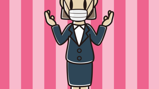 マスクをして話す女性会社員のイラスト【色、背景あり】PNG
