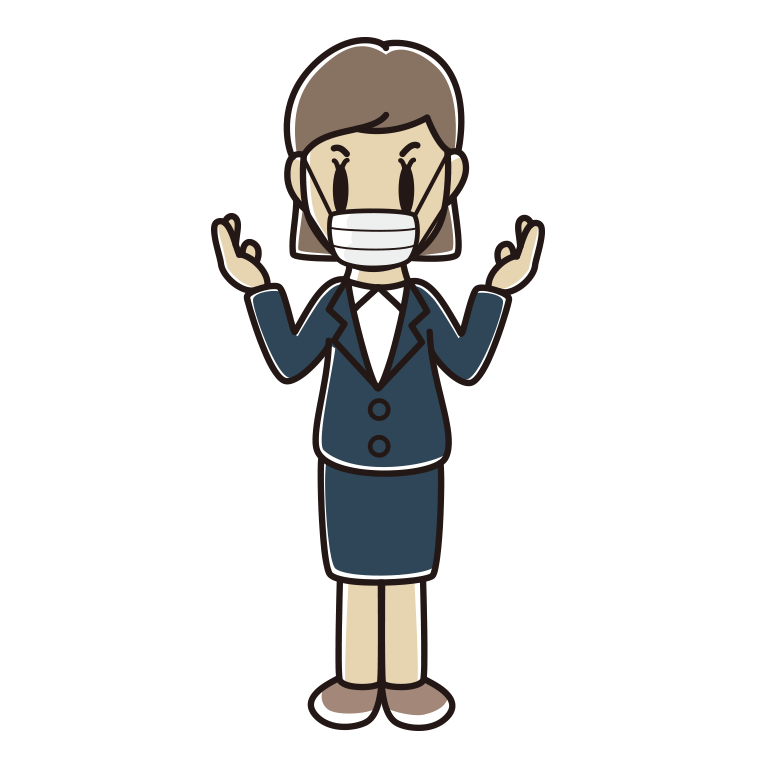 マスクをして話す女性会社員のイラスト【色あり、背景なし】透過PNG