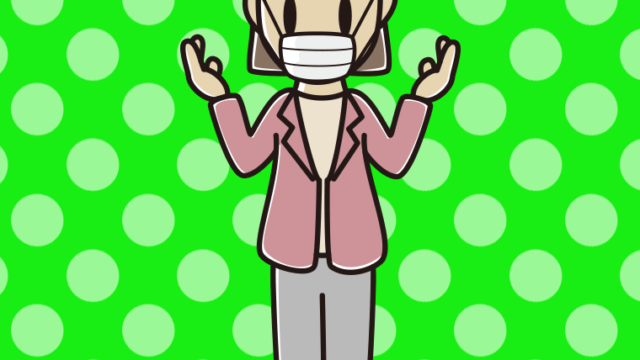 マスクをして話す女性会社員（カジュアル）のイラスト【色、背景あり】PNG