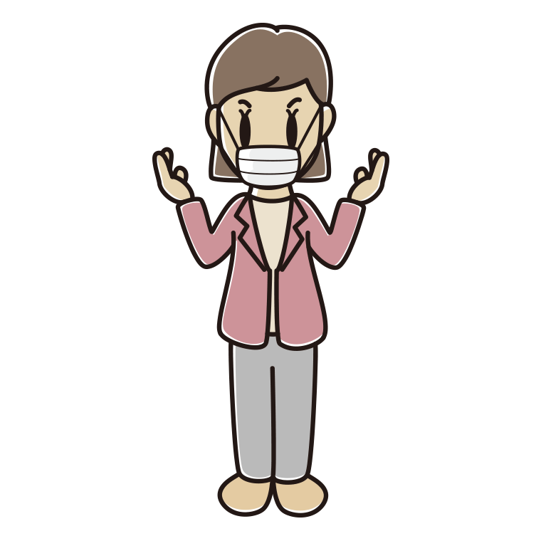 マスクをして話す女性会社員（カジュアル）のイラスト【色あり、背景なし】透過PNG