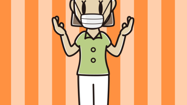 マスクをして話す女性会社員（クールビズ）のイラスト【色、背景あり】PNG