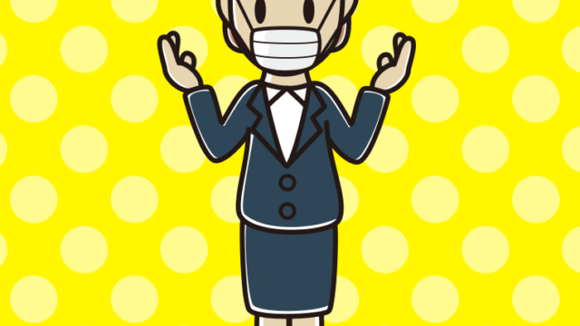 マスクをして話す年配女性会社員のイラスト【色、背景あり】PNG