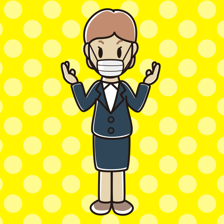 マスクをして話す年配女性会社員のイラスト【色、背景あり】PNG