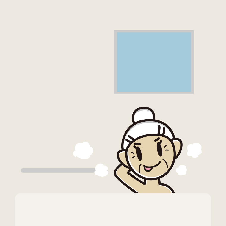 お風呂でテヘヘなおばあさんのイラスト【色、背景あり】PNG