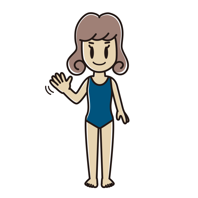 手を振るスクール水着の女子大学生のイラスト【色あり、背景なし】透過PNG