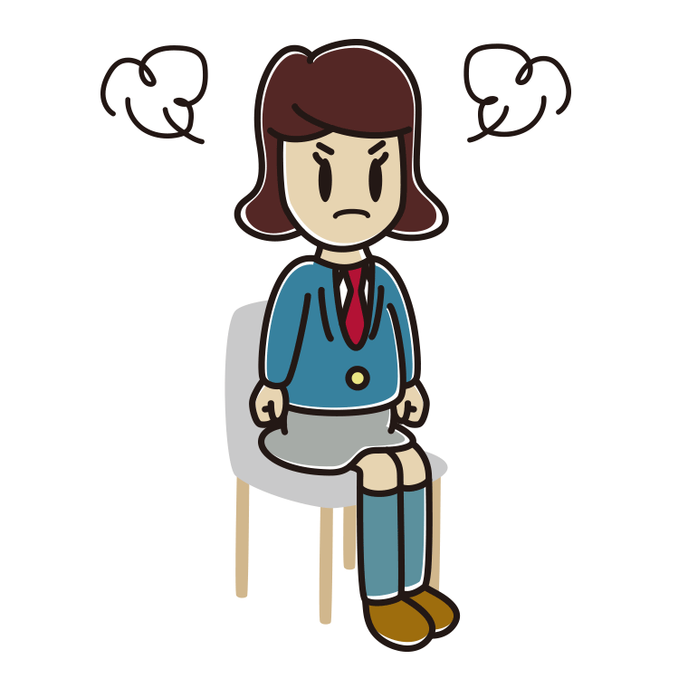 椅子で怒る女子高校生のイラスト【色あり、背景なし】透過PNG