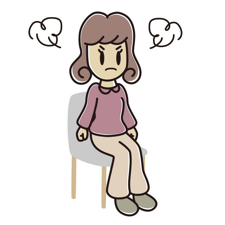 椅子で怒る女子大学生のイラスト【色あり、背景なし】透過PNG
