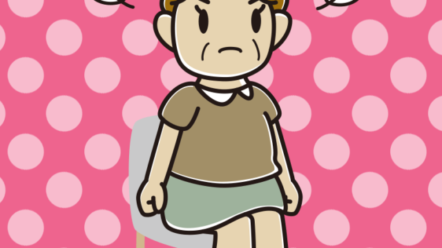 椅子で怒るおばさんのイラスト【色、背景あり】PNG