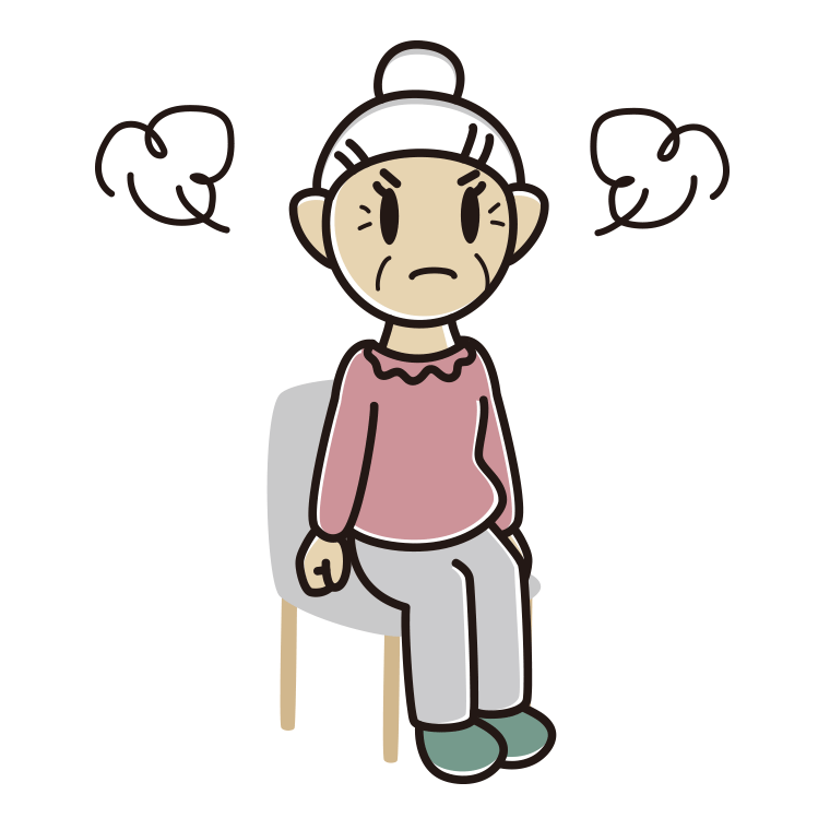椅子で怒るおばあさんのイラスト【色あり、背景なし】透過PNG