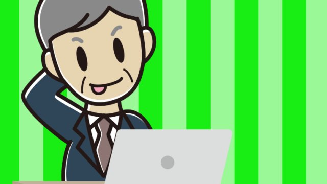 パソコン使用中にテヘヘな年配男性会社員のイラスト【色、背景あり】PNG