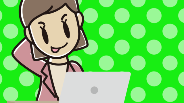 パソコン使用中にテヘヘな女性会社員（カジュアル）のイラスト【色、背景あり】PNG