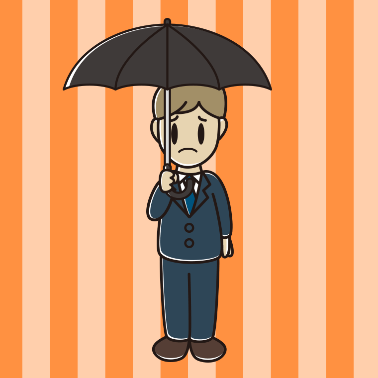 傘をさして困る男性会社員のイラスト【色、背景あり】PNG