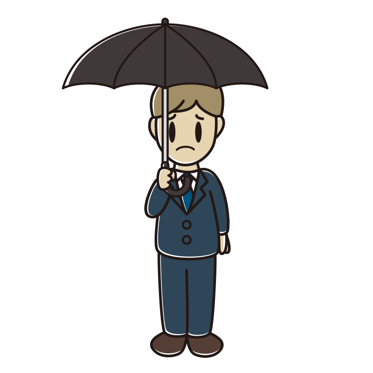 傘をさして困る男性会社員のイラスト【色あり、背景なし】透過PNG
