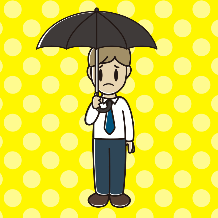 傘をさして困る男性会社員（ワイシャツ）のイラスト【色、背景あり】PNG