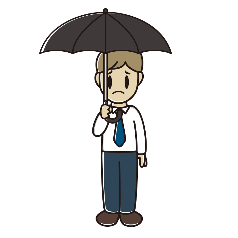 傘をさして困る男性会社員（ワイシャツ）のイラスト【色あり、背景なし】透過PNG