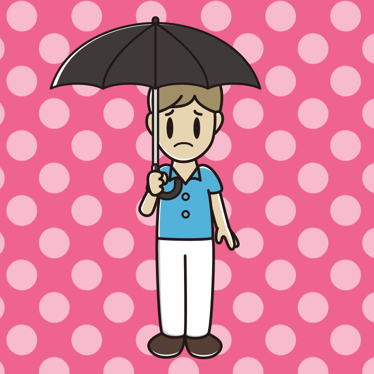 傘をさして困る男性会社員（クールビズ）のイラスト【色、背景あり】PNG
