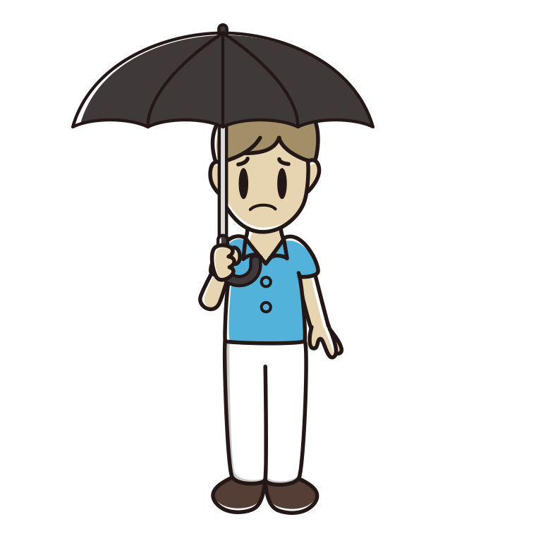 傘をさして困る男性会社員（クールビズ）のイラスト【色あり、背景なし】透過PNG