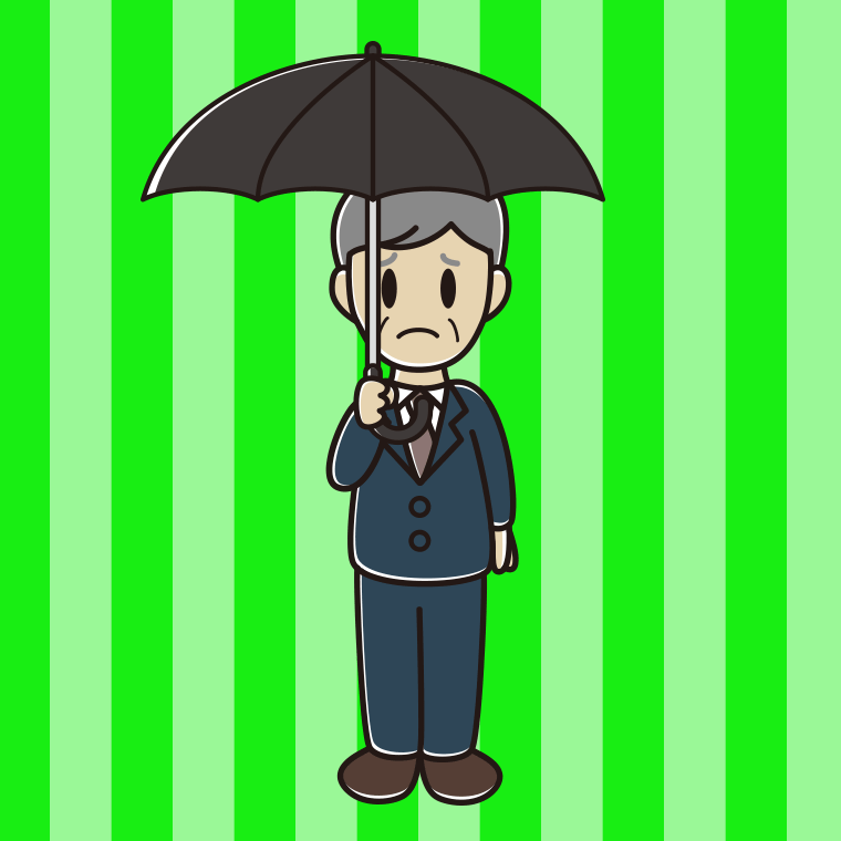 傘をさして困る年配男性会社員のイラスト【色、背景あり】PNG