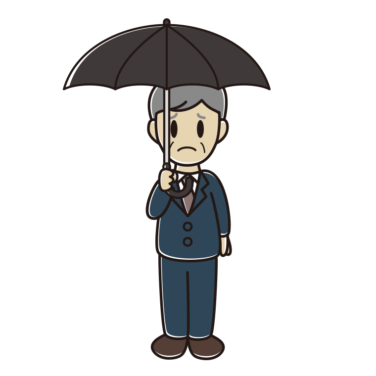 傘をさして困る年配男性会社員のイラスト【色あり、背景なし】透過PNG