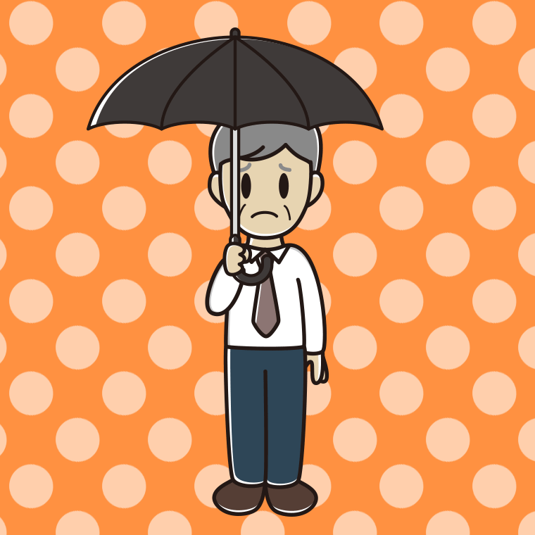 傘をさして困る年配男性会社員（ワイシャツ）のイラスト【色、背景あり】PNG