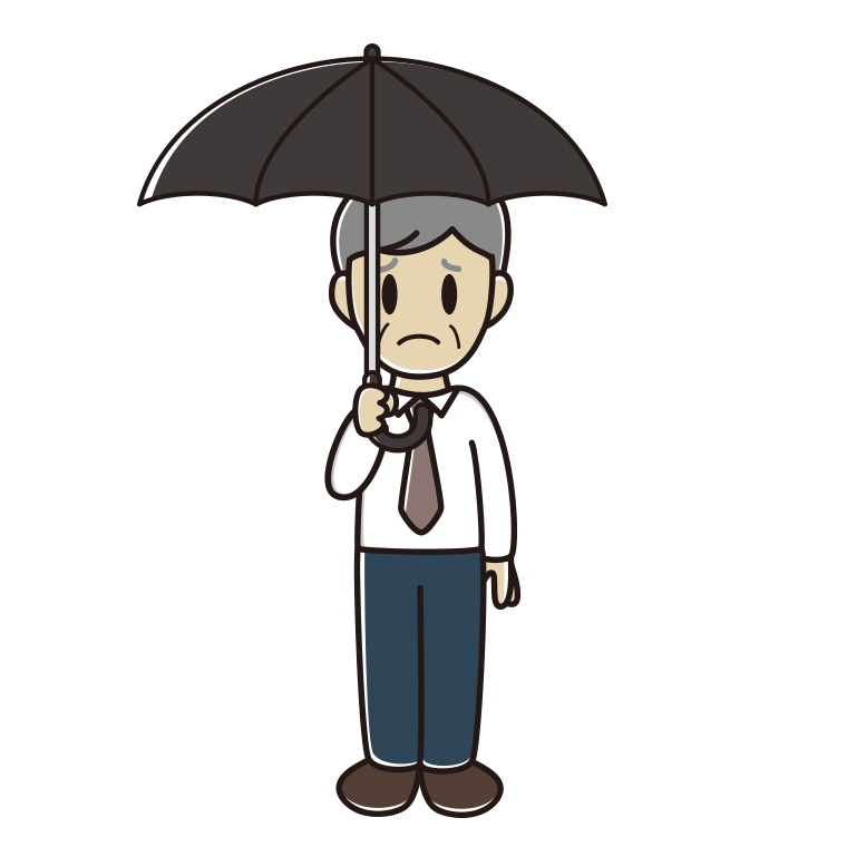 傘をさして困る年配男性会社員（ワイシャツ）のイラスト【色あり、背景なし】透過PNG