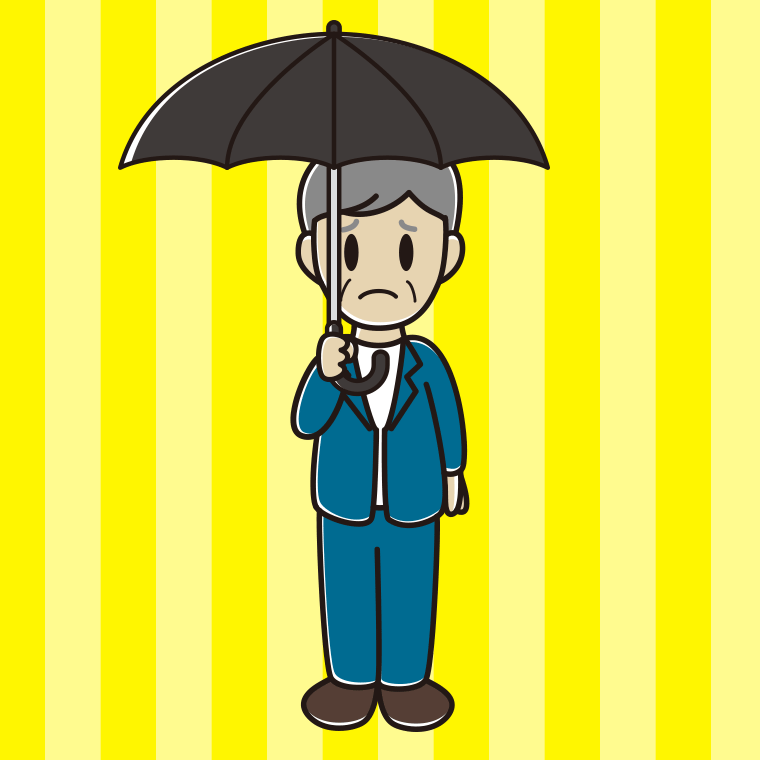 傘をさして困る年配男性会社員（カジュアル）のイラスト【色、背景あり】PNG