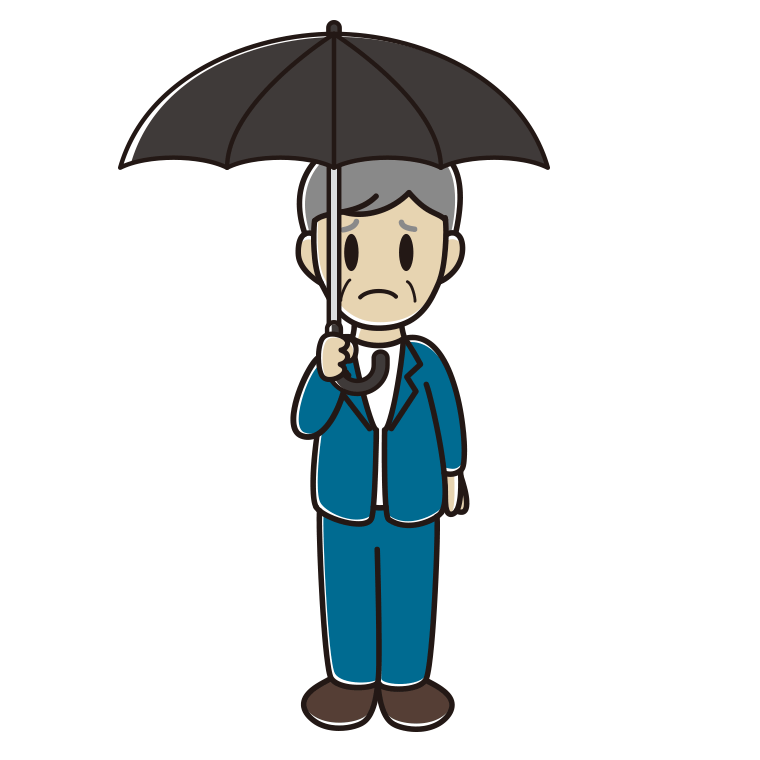 傘をさして困る年配男性会社員（カジュアル）のイラスト【色あり、背景なし】透過PNG