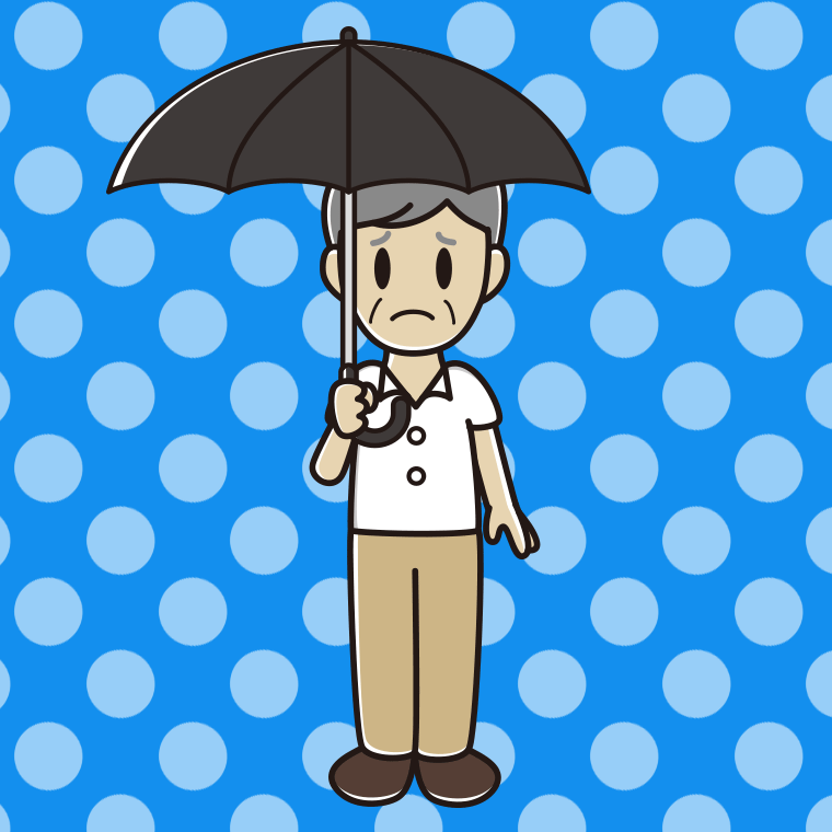 傘をさして困る年配男性会社員（クールビズ）のイラスト【色、背景あり】PNG