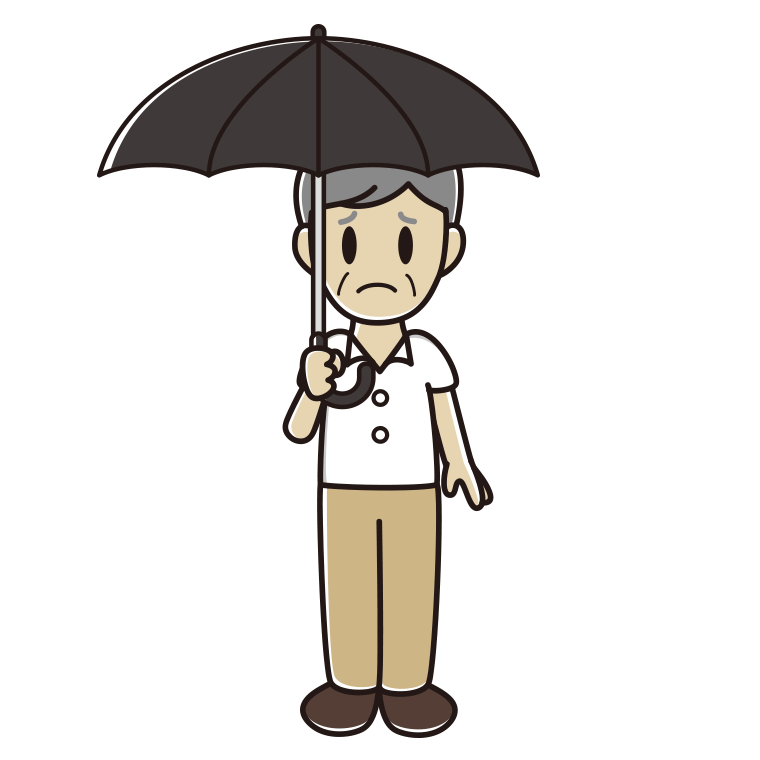 傘をさして困る年配男性会社員（クールビズ）のイラスト【色あり、背景なし】透過PNG