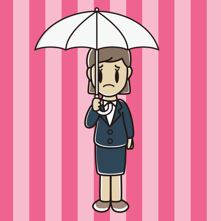 傘をさして困る女性会社員のイラスト【色、背景あり】PNG
