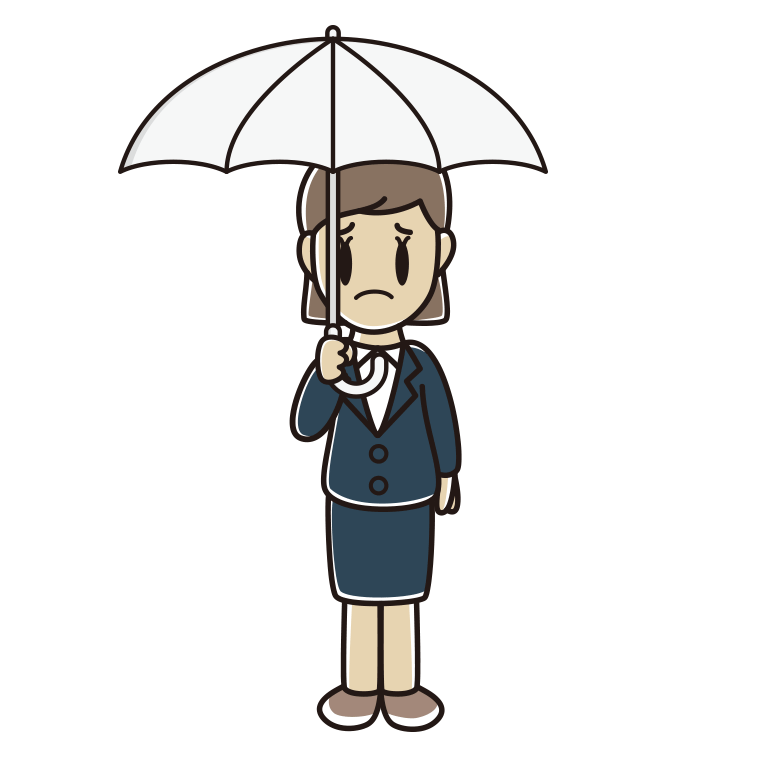 傘をさして困る女性会社員のイラスト【色あり、背景なし】透過PNG