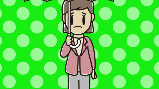 傘をさして困る女性会社員（カジュアル）のイラスト【色、背景あり】PNG