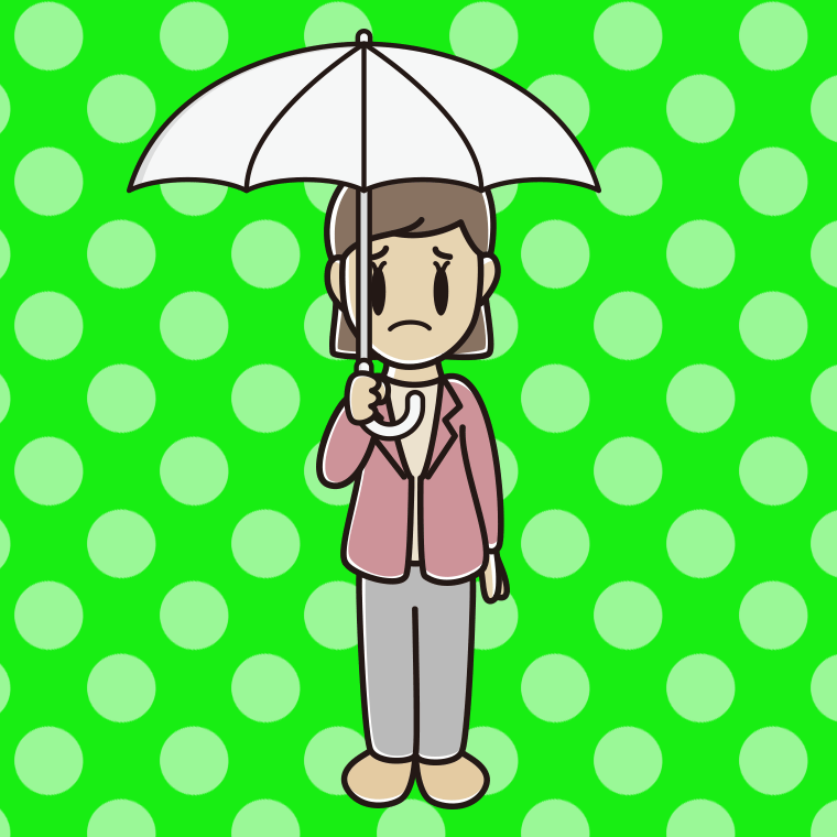 傘をさして困る女性会社員（カジュアル）のイラスト【色、背景あり】PNG