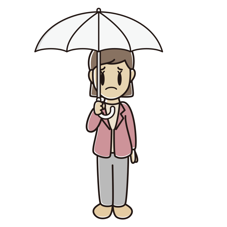 傘をさして困る女性会社員（カジュアル）のイラスト【色あり、背景なし】透過PNG