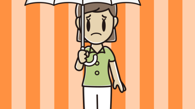 傘をさして困る女性会社員（クールビズ）のイラスト【色、背景あり】PNG