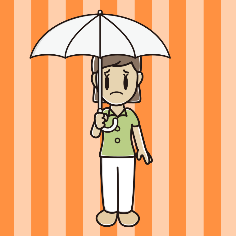 傘をさして困る女性会社員（クールビズ）のイラスト【色、背景あり】PNG