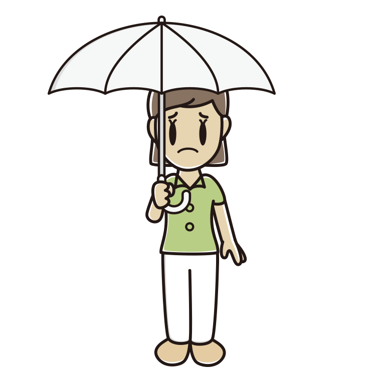 傘をさして困る女性会社員（クールビズ）のイラスト【色あり、背景なし】透過PNG