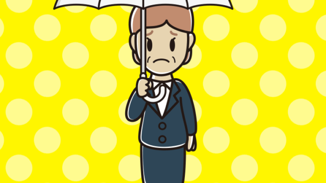 傘をさして困る年配女性会社員のイラスト【色、背景あり】PNG