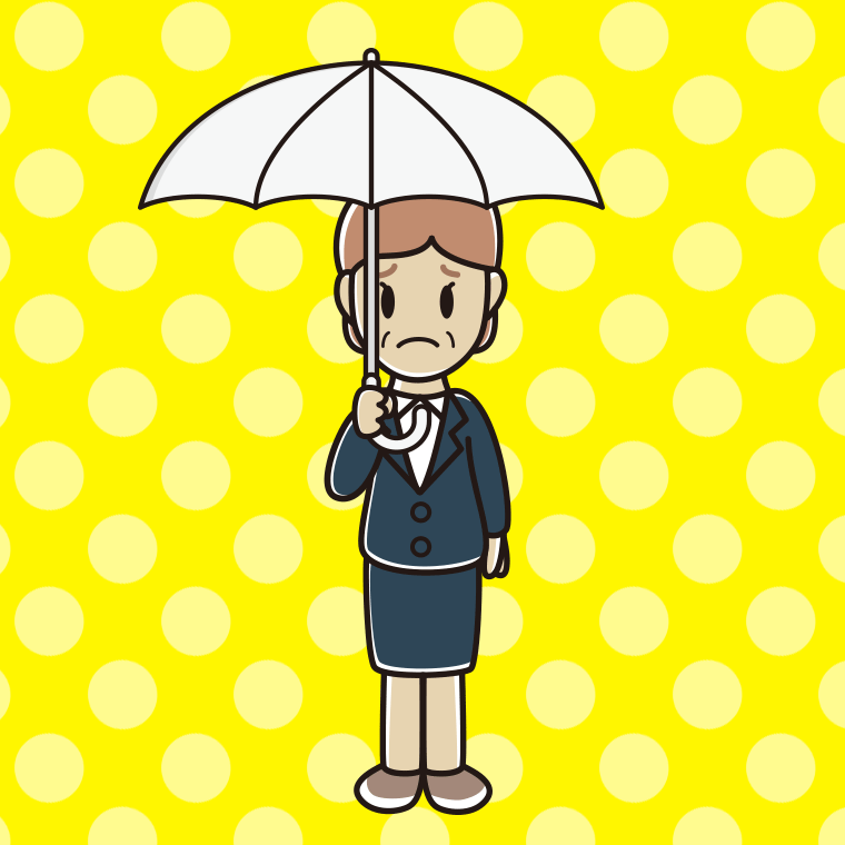 傘をさして困る年配女性会社員のイラスト【色、背景あり】PNG