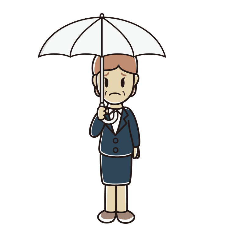 傘をさして困る年配女性会社員のイラスト【色あり、背景なし】透過PNG